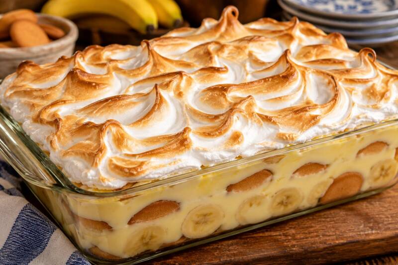 Close-up of old fashioned banana pudding with swirled toasted meringue topping