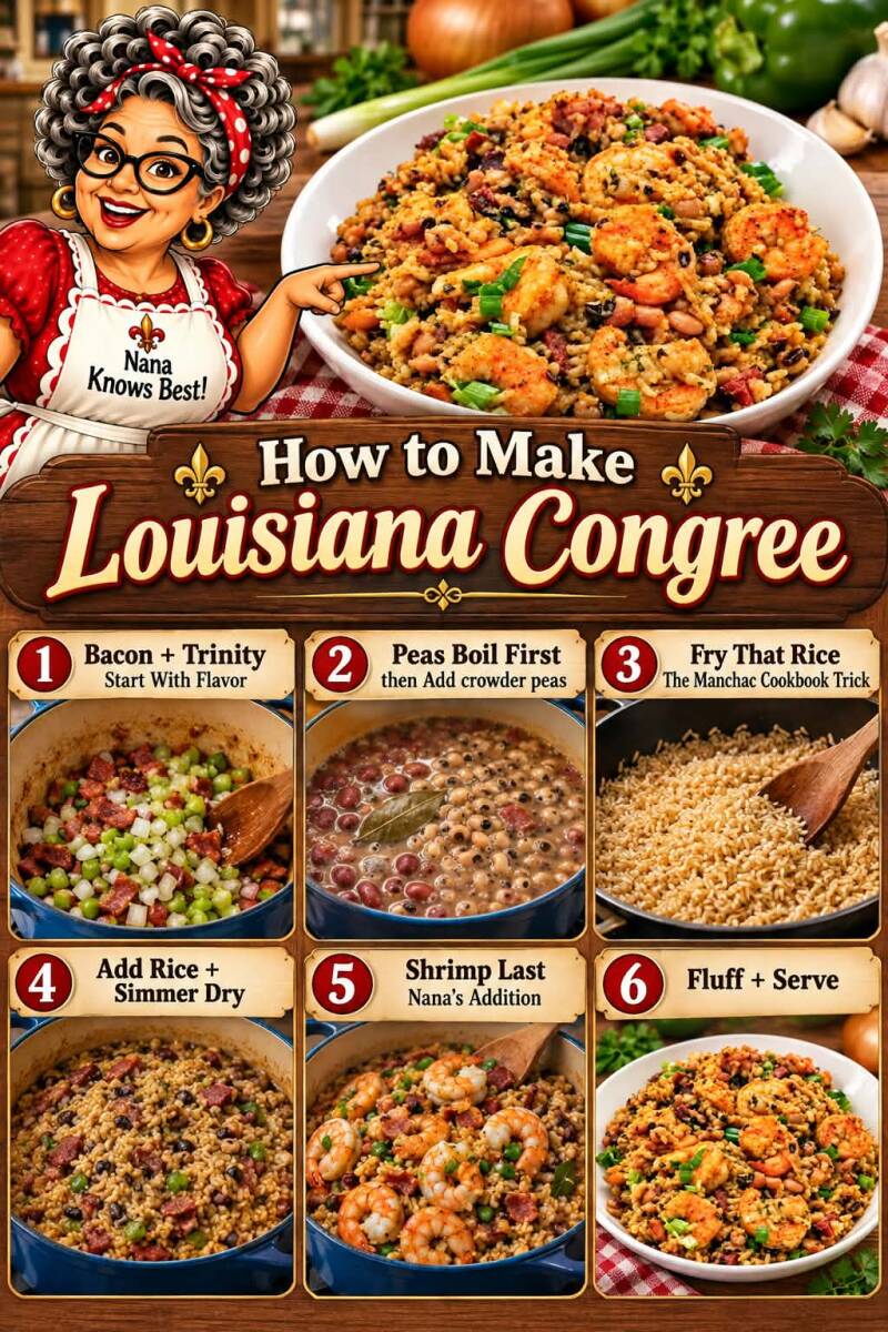 Step-by-step photo collage for making Louisiana congree with rice, peas, bacon, and shrimp