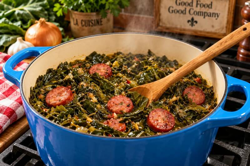 Louisiana collard greens with sliced smoked sausage simmering in a blue Dutch oven