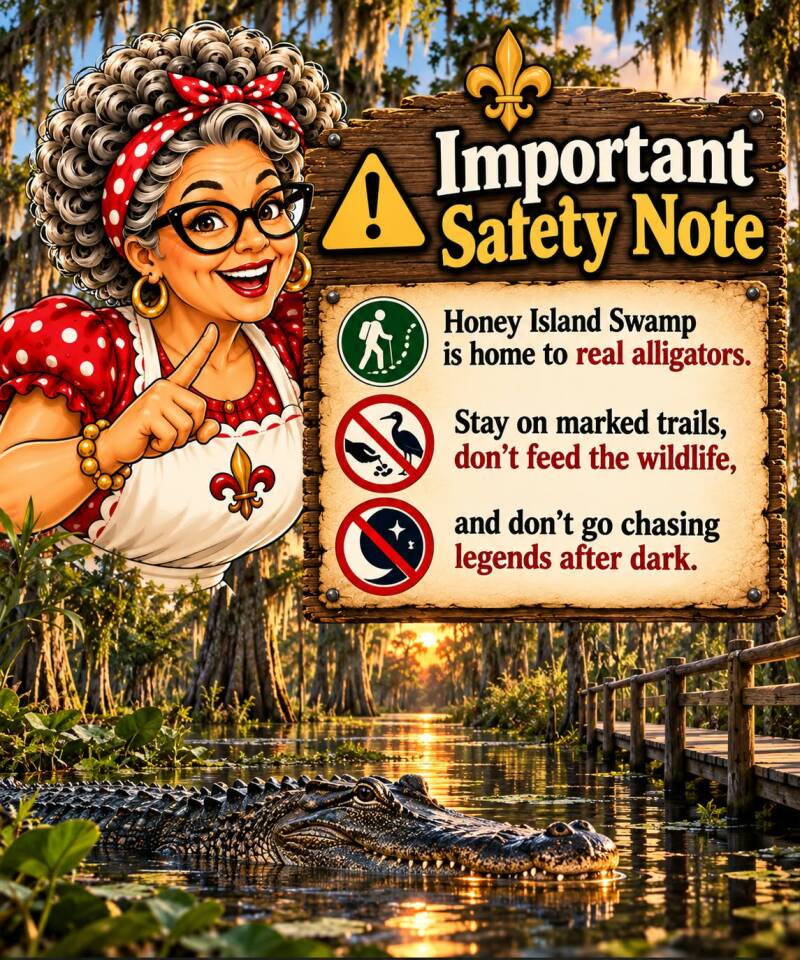 Honey Island Swamp safety note about staying on marked trails, not feeding wildlife, and alligator awareness