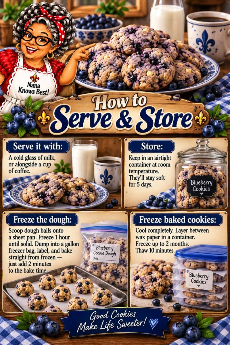 How to serve, store, and freeze butter Crisco blueberry cookies including dough freezing instructions