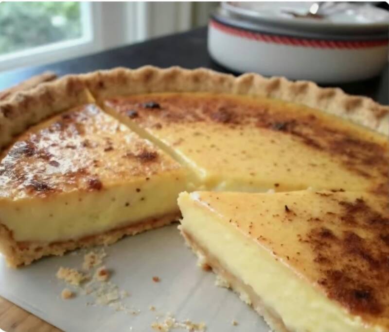 Cajun custard pie sliced open showing creamy yellow filling and browned crust