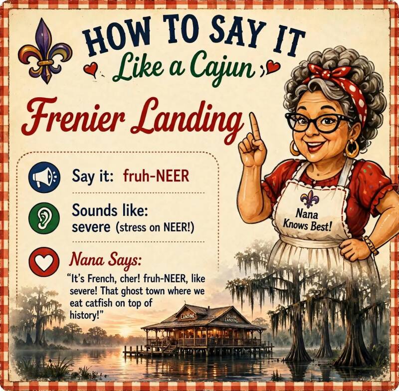 How to pronounce Frenier Landing like a Cajun infographic with phonetic spelling and Nana's tip about the ghost town restaurant