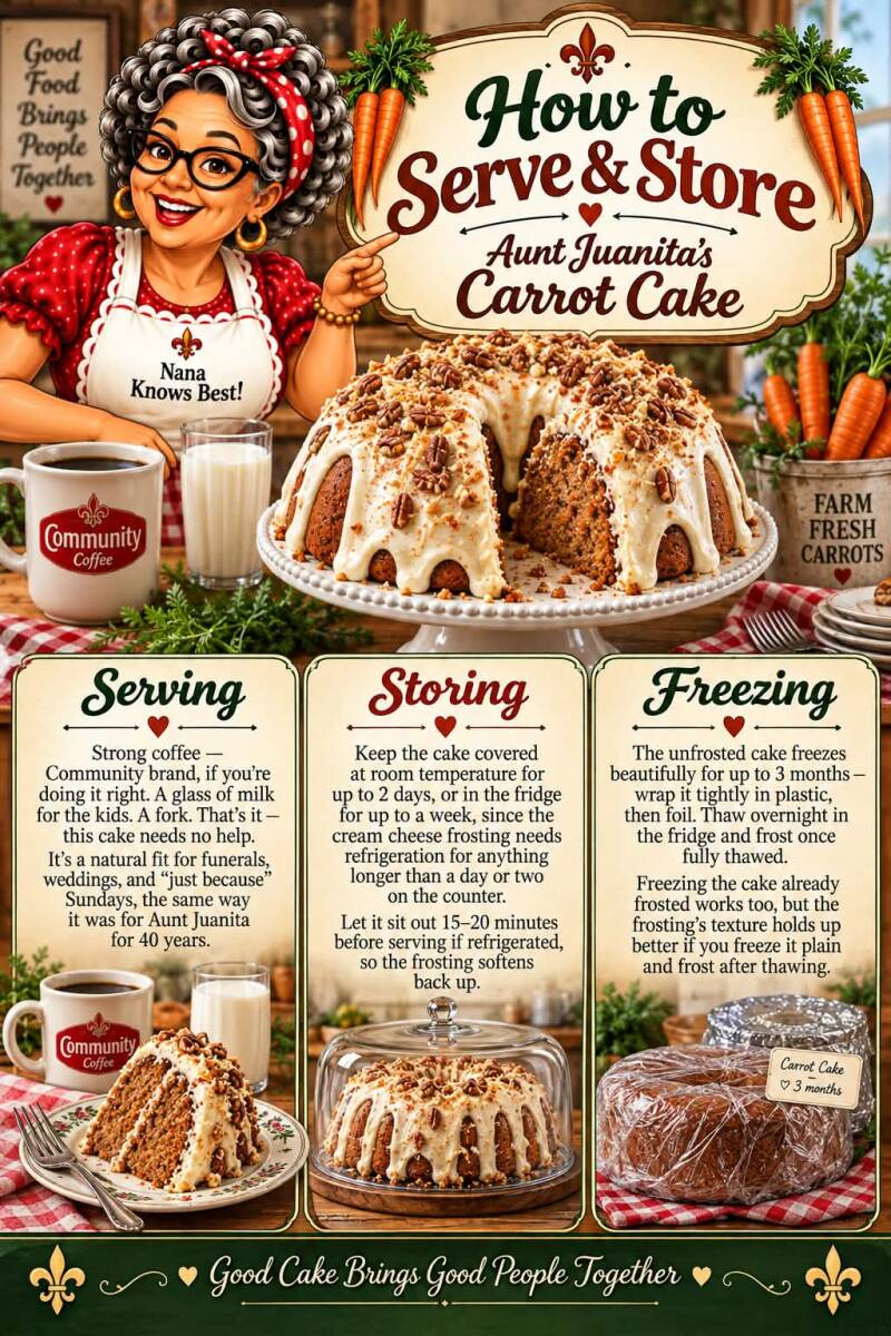 Infographic: how to serve, store, and freeze Aunt Juanita's carrot bundt cake