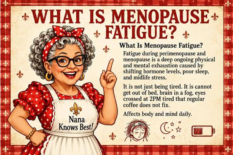 What is menopause fatigue infographic explaining hormone-related exhaustion, brain fog, and poor sleep