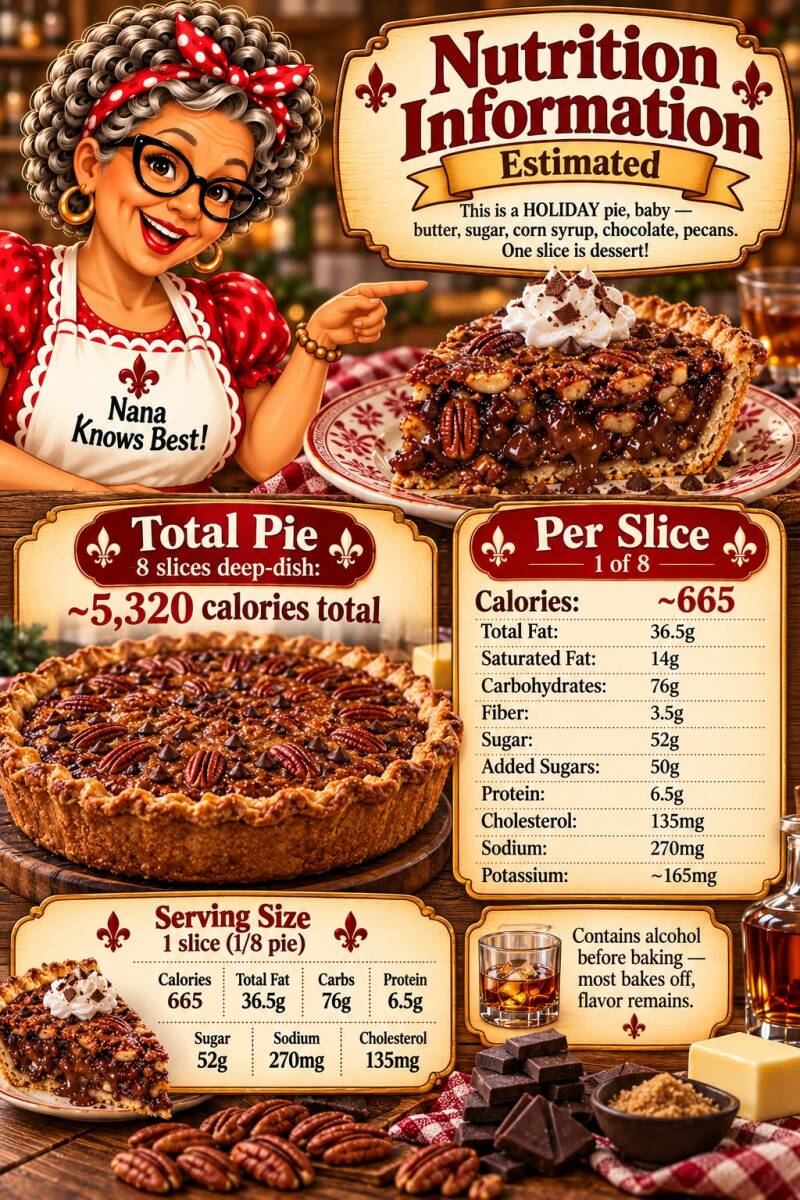 Kentucky bourbon pie nutrition information for total pie and per slice including calories, sugar, and alcohol note