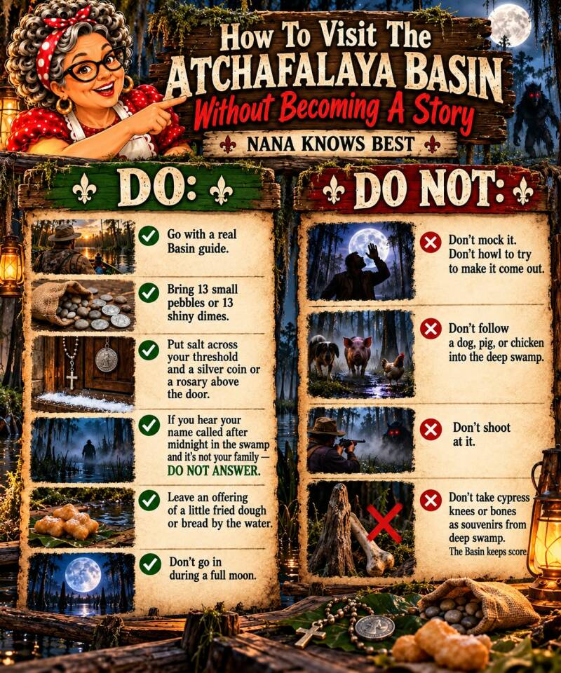 Nana's do and don't tips for visiting the Atchafalaya Basin safely including guides, offerings, and swamp folklore warnings