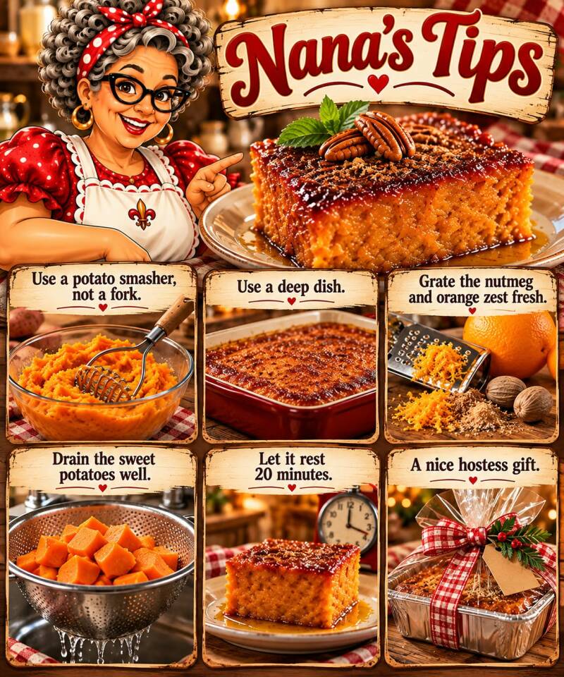 Nana's tips for sweet potato pone covering potato smasher, deep dish, fresh nutmeg, draining, resting, and gifting