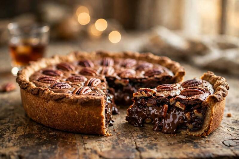 Close-up of sliced Kentucky bourbon pie showing gooey chocolate pecan filling