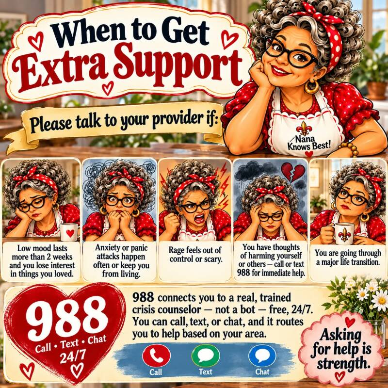 When to get extra mental health support infographic listing warning signs and the 988 crisis line for call, text, or chat