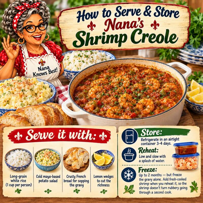 How to serve, store, reheat, and freeze Nana's shrimp creole with rice, potato salad, and bread