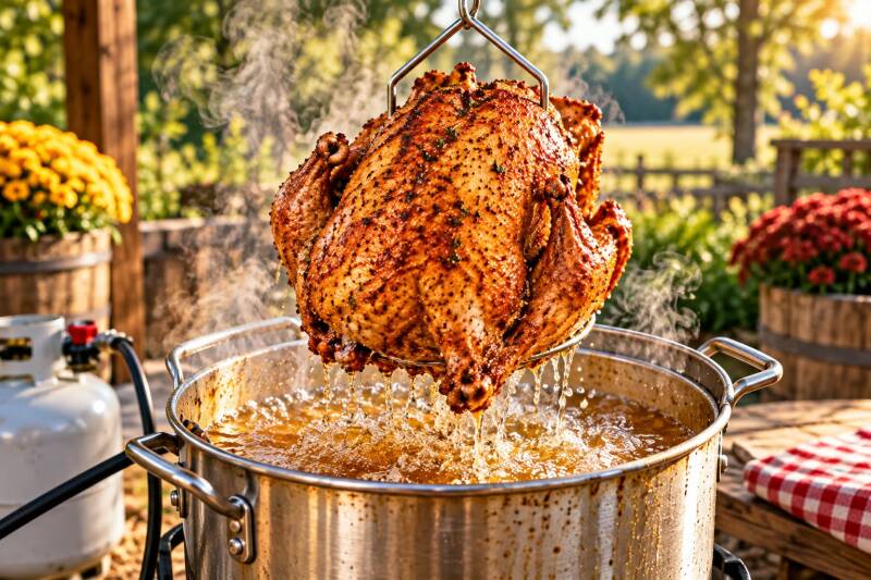 Golden fried turkey lifted from a steaming outdoor fryer pot