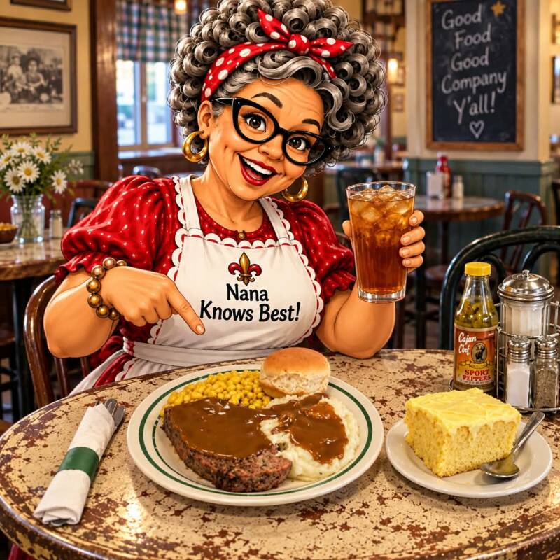 Nana with a meatloaf plate, mashed potatoes, cornbread, and sweet tea at Dat Kitchen Too