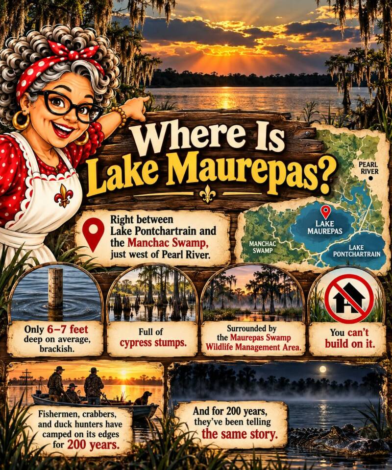 Where is Lake Maurepas infographic with map showing location between Lake Pontchartrain and Manchac Swamp near Pearl River