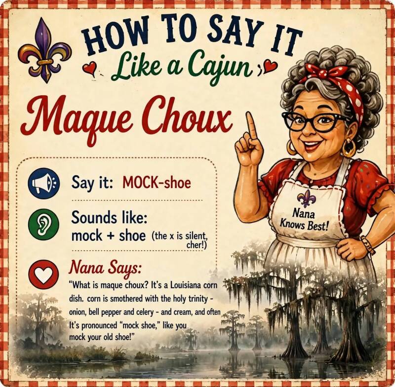 How to pronounce maque choux like a Cajun infographic with phonetic spelling and Nana's dish description