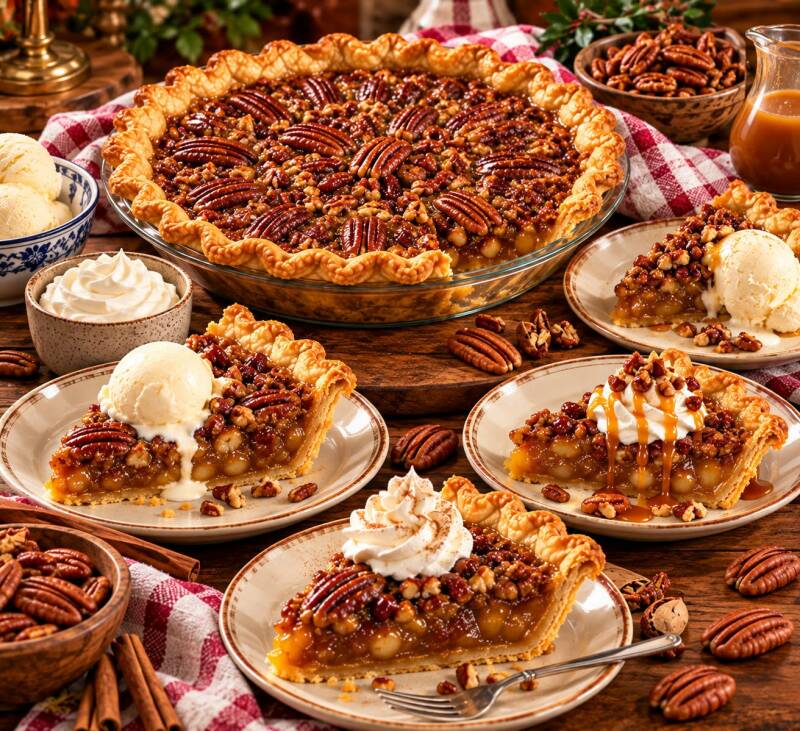 Pecan pie served whole and sliced with vanilla ice cream, whipped cream, and caramel drizzle