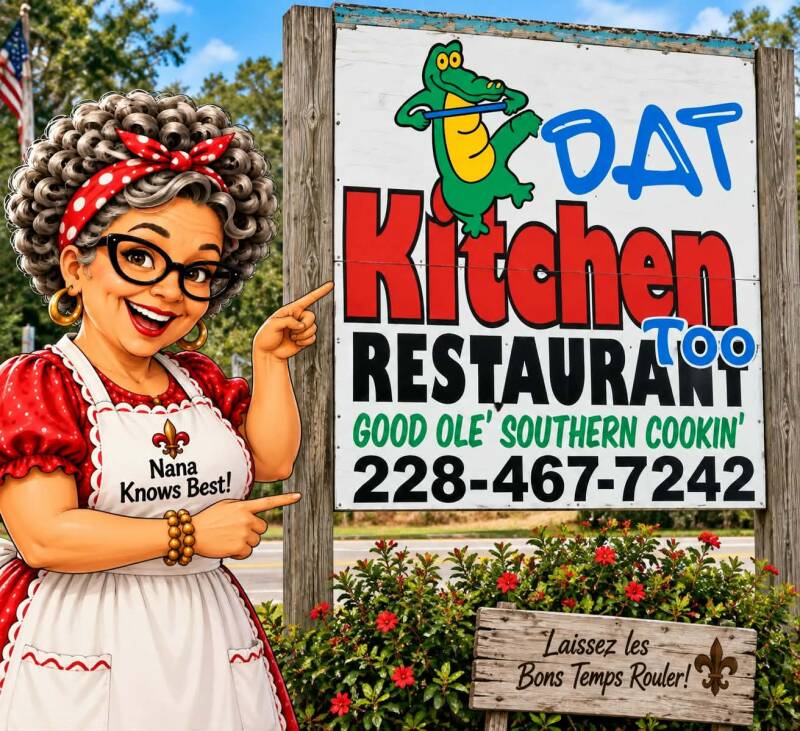 Nana pointing to the Dat Kitchen Too restaurant sign in Waveland, MS