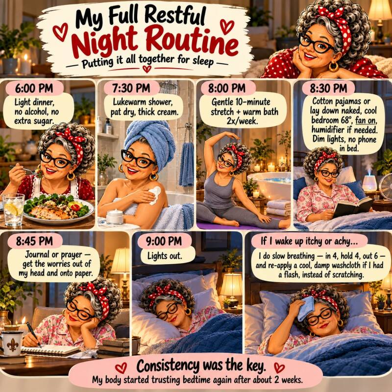 Nana's full restful night routine timeline from 6pm dinner through 9pm lights out for better sleep with joint pain and itching
