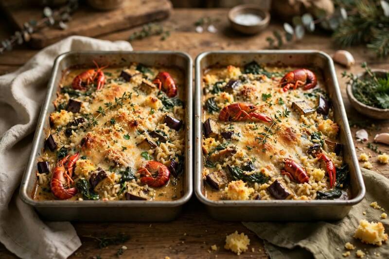 Two pans of crawfish eggplant dressing topped with cheese, breadcrumbs, and whole crawfish