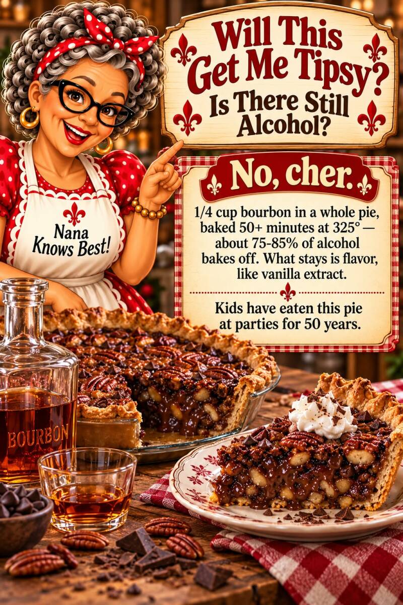 Nana's explanation of alcohol content in Kentucky bourbon pie after baking, noting most bakes off