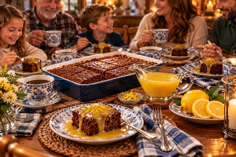 Family enjoying gingerbread squares with lemon sauce and coffee at a holiday table