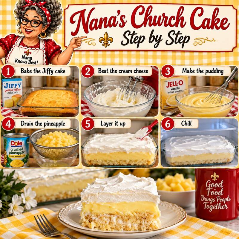 Step-by-step photo collage for making Nana's church cake with Jiffy cake mix, pudding, and pineapple