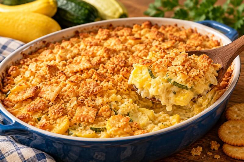 Baked squash casserole with yellow squash, cheese, and buttery cracker topping