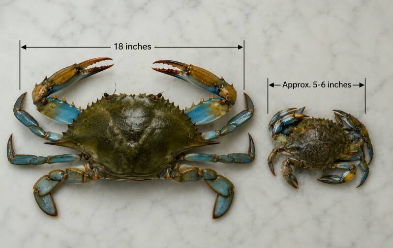 Side-by-side comparison of a large 18-inch blue crab next to a much smaller modern crab measuring 5-6 inches, illustrating the decline in crab size over the years