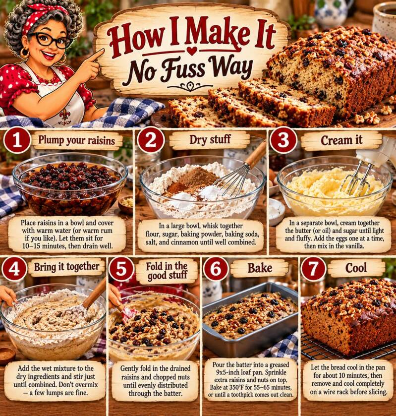 Step-by-step photo collage for making cinnamon raisin quick bread from plumping raisins to cooling