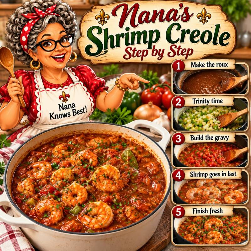 Step-by-step photo collage for making Nana's shrimp creole from roux to finished dish