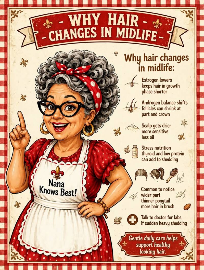 Infographic explaining why hair changes in midlife including estrogen, hormones, and scalp changes
