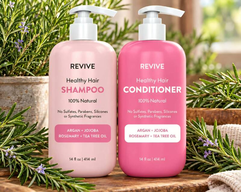 Revive Healthy Hair Shampoo and Conditioner bottles with argan, jojoba, rosemary, and tea tree oil