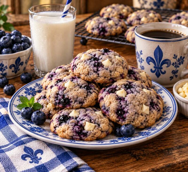 Blueberry white chocolate chip cookies on a fleur-de-lis plate served with milk and coffee