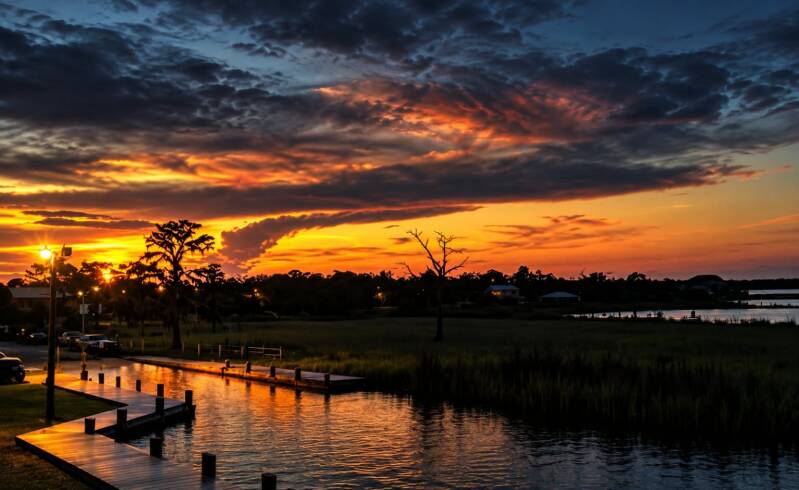 Fiery orange and pink sunset over the marsh near Frenier Landing