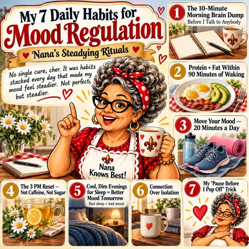 Seven daily habits for mood regulation including morning journaling, protein breakfast, movement, and cool evenings