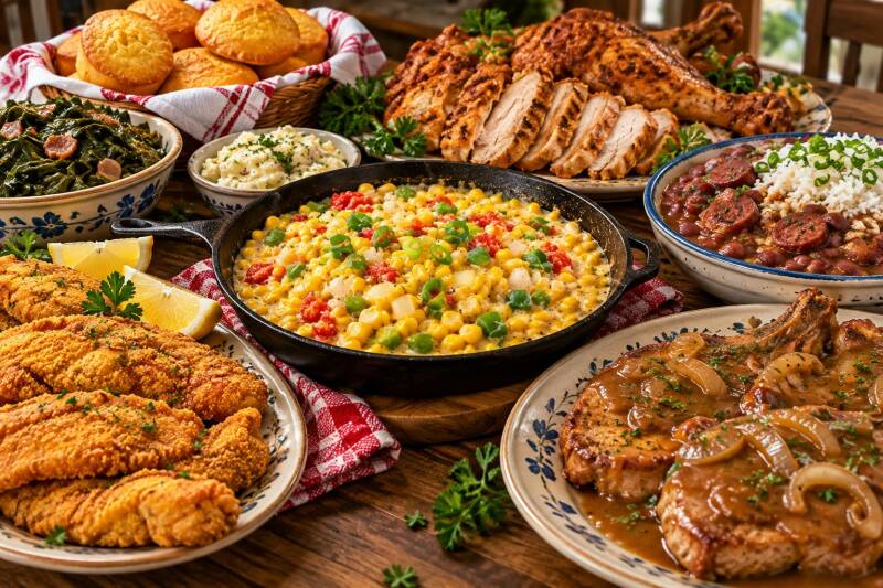 Corn maque choux served in a cast iron skillet with fried chicken, cornbread, collard greens, and red beans and rice