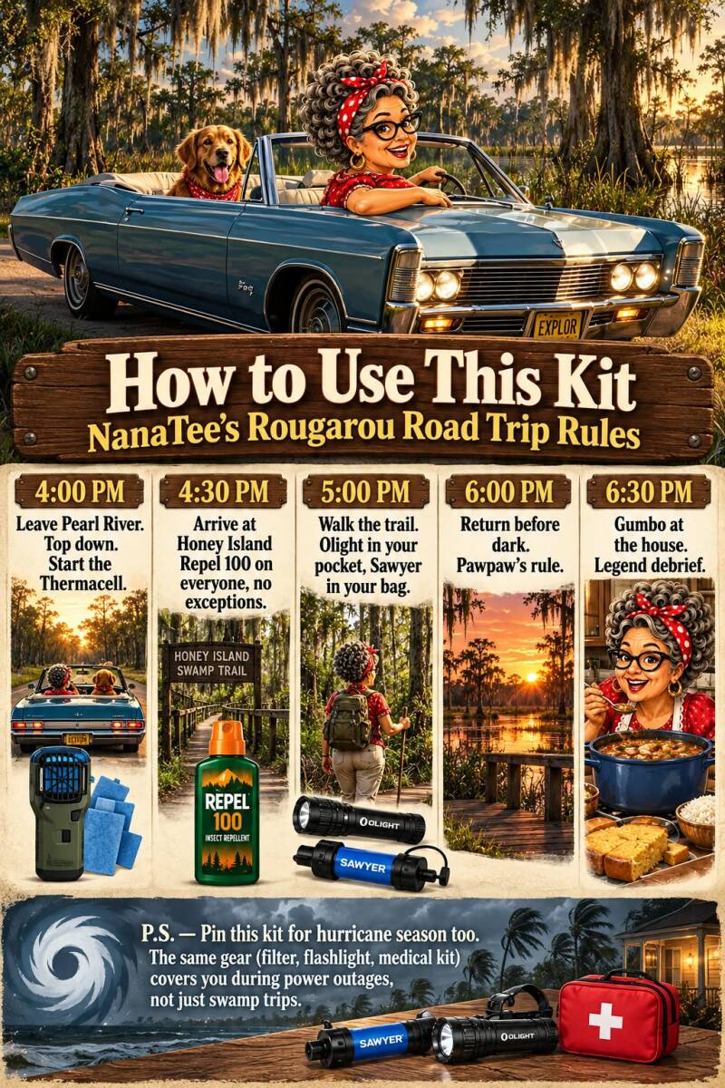 NanaTee's Rougarou road trip timeline from leaving Pearl River to gumbo dinner with swamp kit essentials