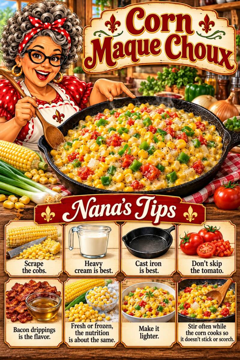 Nana's tips for making corn maque choux covering scraping cobs, heavy cream, cast iron, and tomato
