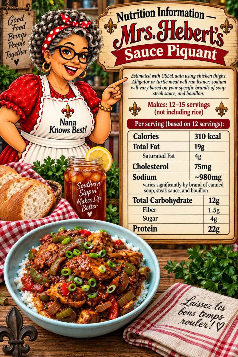 Infographic: nutrition information for Mrs. Hebert's sauce piquant