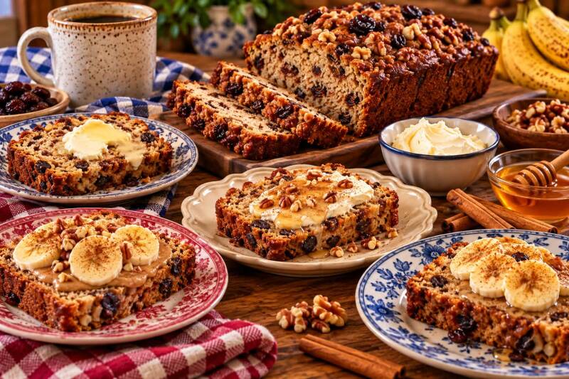 Cinnamon raisin quick bread served with butter, honey, peanut butter, and sliced bananas
