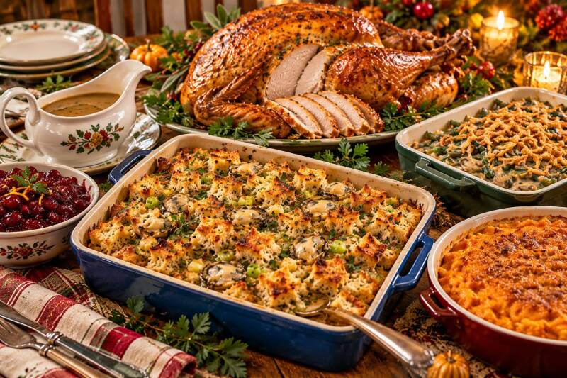 Cajun oyster dressing served alongside roast turkey, green bean casserole, and sweet potato casserole