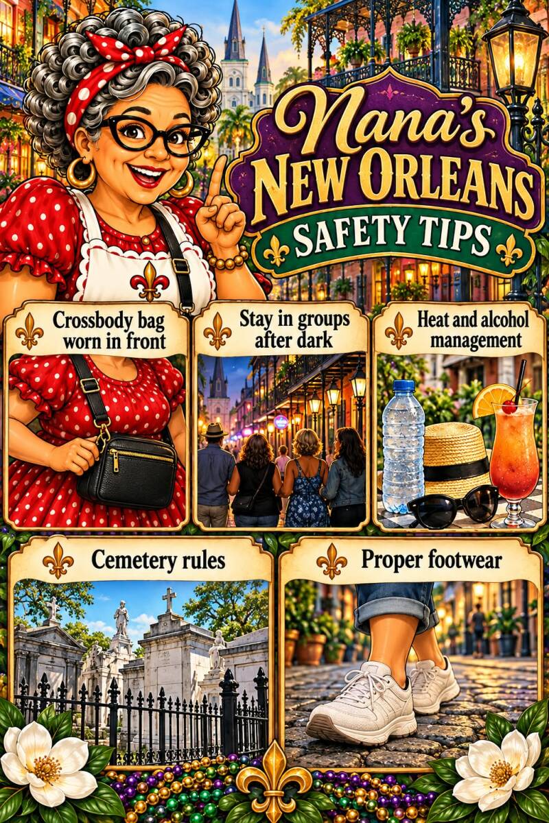 Nana's New Orleans safety tips covering crossbody bags, group travel after dark, heat and alcohol management, cemetery rules, and footwear
