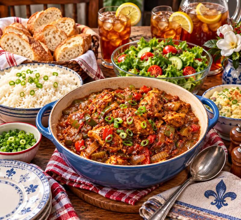 Sauce piquant with rice, salad, potato salad, bread, and sweet tea