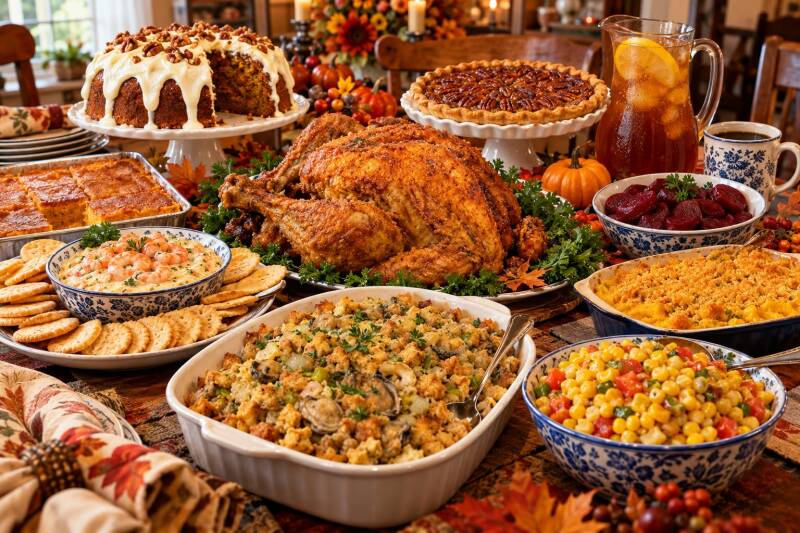 Cajun Thanksgiving table spread with roast turkey, oyster dressing, shrimp dip, mac and cheese, corn maque choux, and praline cake