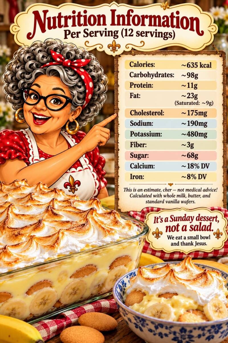 Old fashioned banana pudding nutrition information per serving including calories, sugar, and cholesterol