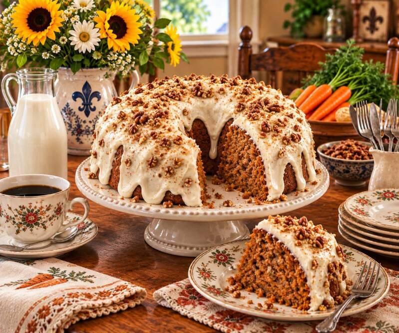 Carrot bundt cake with cream cheese frosting, pecans, coffee, and fresh carrots