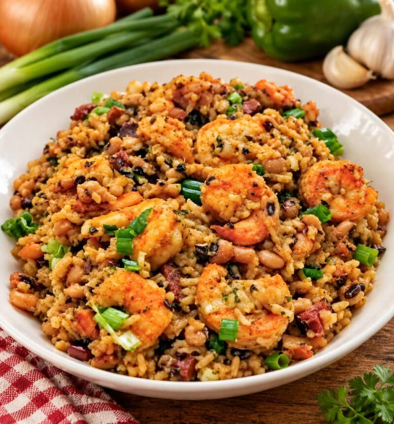 Louisiana congree with shrimp, black-eyed peas, bacon, and rice garnished with green onions
