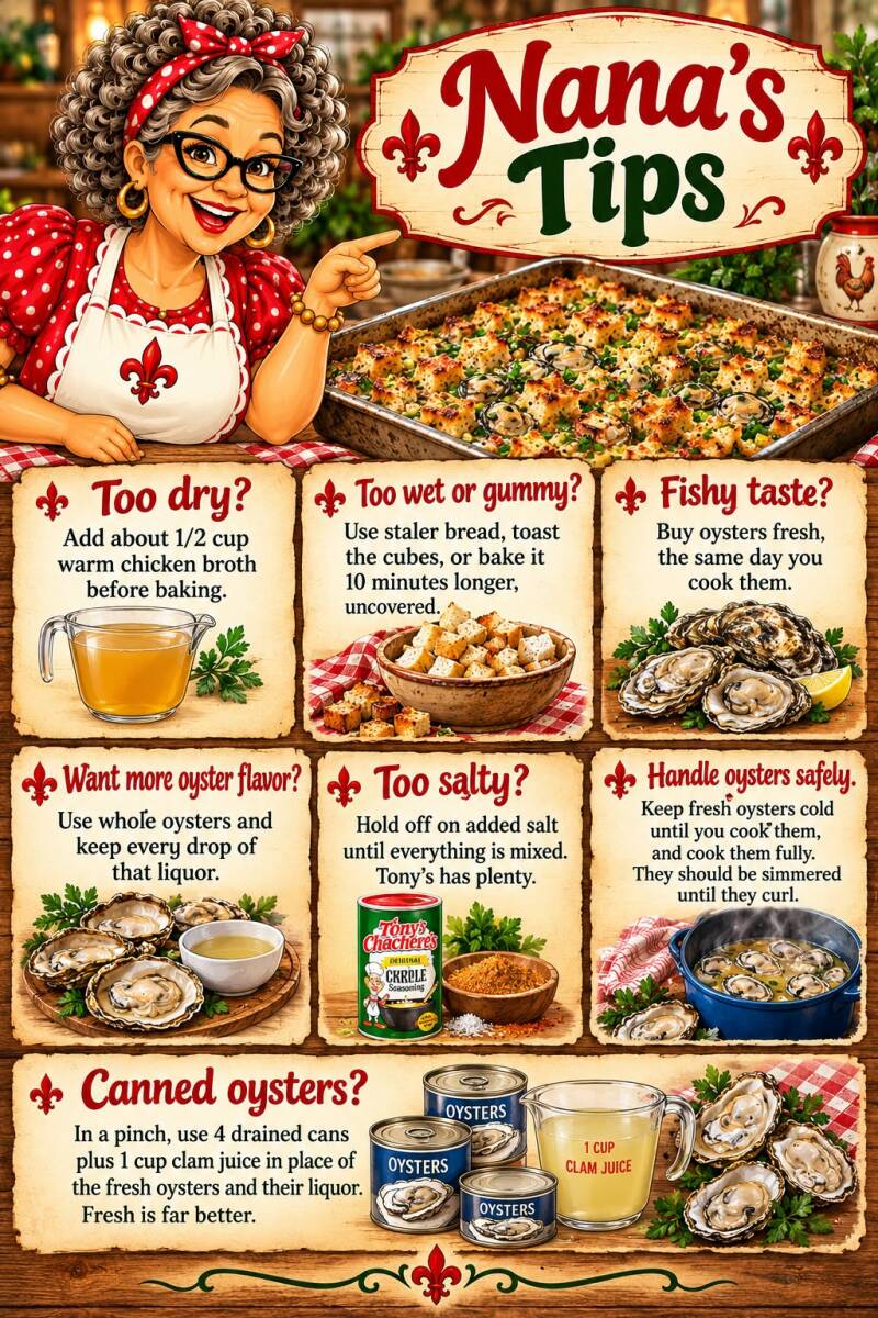 Nana's tips for fixing common Cajun oyster dressing problems like dryness, texture, saltiness, and oyster handling