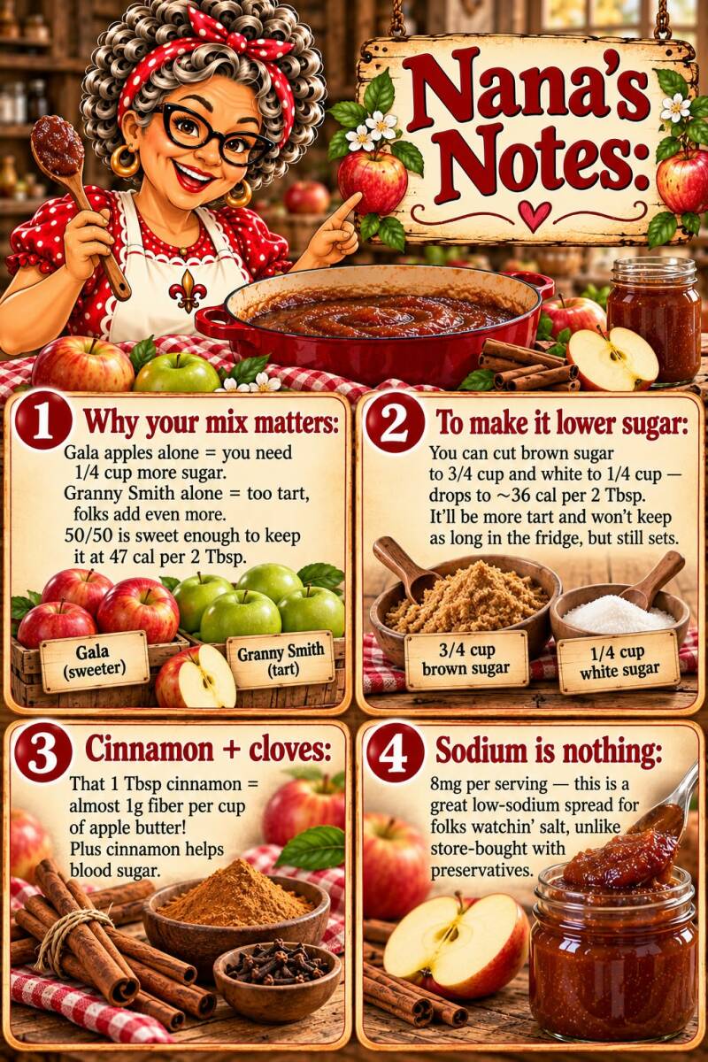Nana's notes on apple butter covering apple mix, lower sugar option, cinnamon and cloves, and sodium content