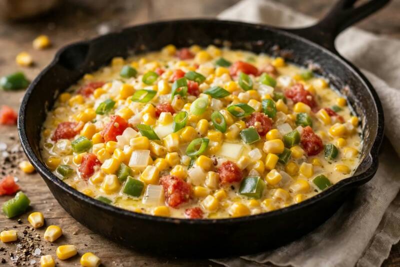 Close-up of corn maque choux in a cast iron skillet with tomatoes, bell pepper, and green onion